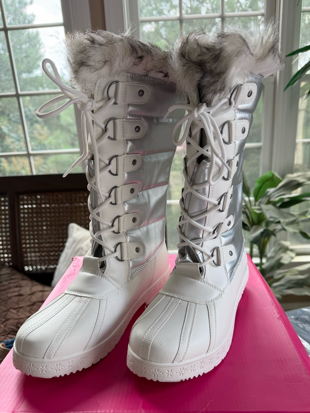 Shoe Dazzle White Faux-Fur Tall Lace-Up Winter Boots with Silver Panels